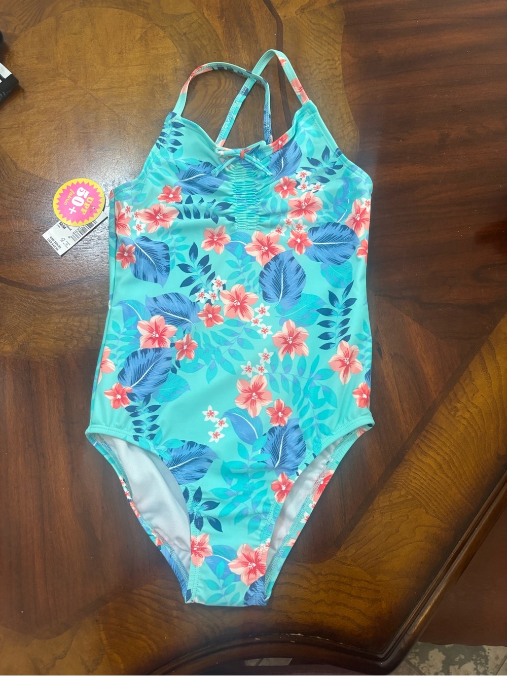 The Children's Place Aqua Floral One-Piece Swimsuit with Pink Flowers